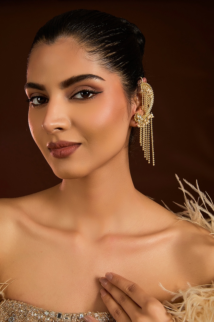 Gold Finish Kundan Polki & Beaded Ear-Cuffs by Moh-Maya by Disha Khatri at Pernia's Pop Up Shop