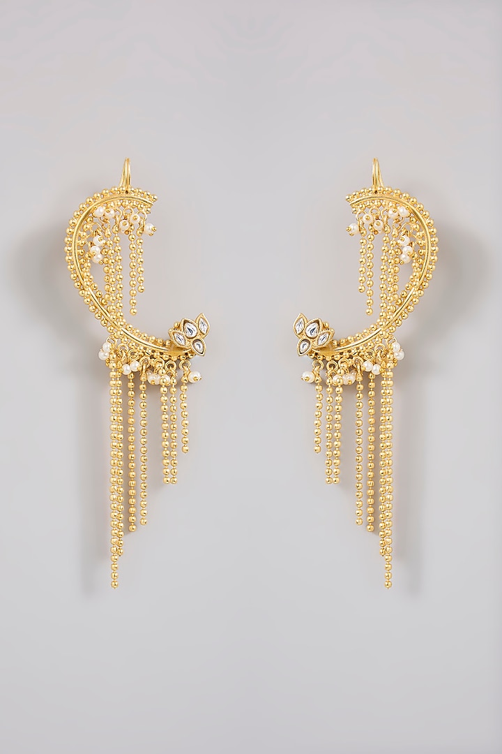 Gold Finish Kundan Polki & Beaded Ear-Cuffs by Moh-Maya by Disha Khatri at Pernia's Pop Up Shop