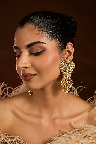 Gold Finish Mother Of Pearl Dangler Earrings by Moh-Maya by Disha Khatri