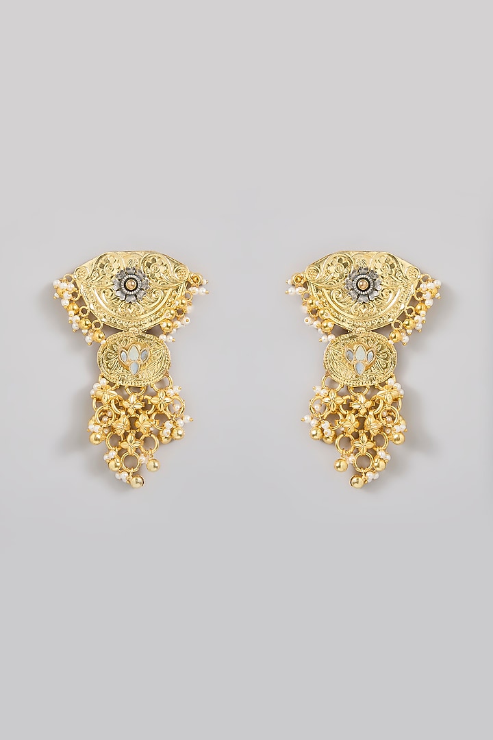 Gold Finish Mother Of Pearl Dangler Earrings by Moh-Maya by Disha Khatri at Pernia's Pop Up Shop