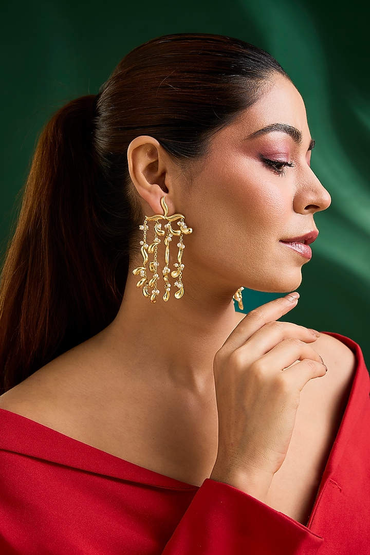 Gold Finish Dangler Earrings by Moh-Maya by Disha Khatri at Pernia's Pop Up Shop