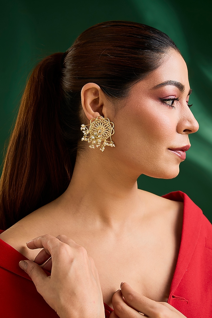 Gold Finish Stud Earrings by Moh-Maya by Disha Khatri at Pernia's Pop Up Shop