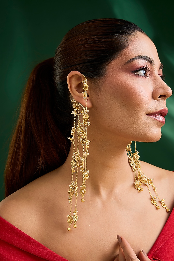 Gold Finish Dangler Earrings by Moh-Maya by Disha Khatri at Pernia's Pop Up Shop