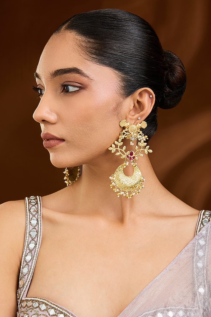 Gold Finish Dangler Earrings by Moh-Maya by Disha Khatri at Pernia's Pop Up Shop