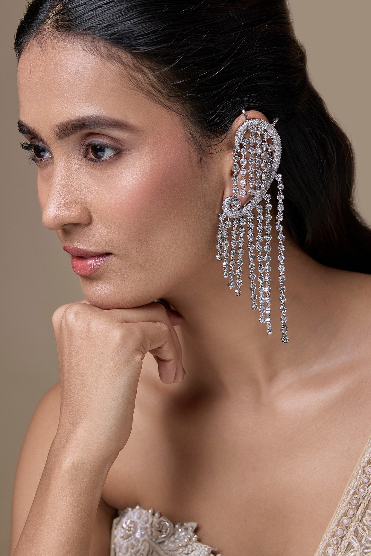 Moh-Maya by Disha Khatri Silver Finish Zircon Dangler Earrings