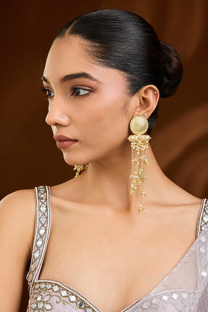 Gold Finish Dangler Earrings by Moh-Maya by Disha Khatri at Pernia's Pop Up Shop
