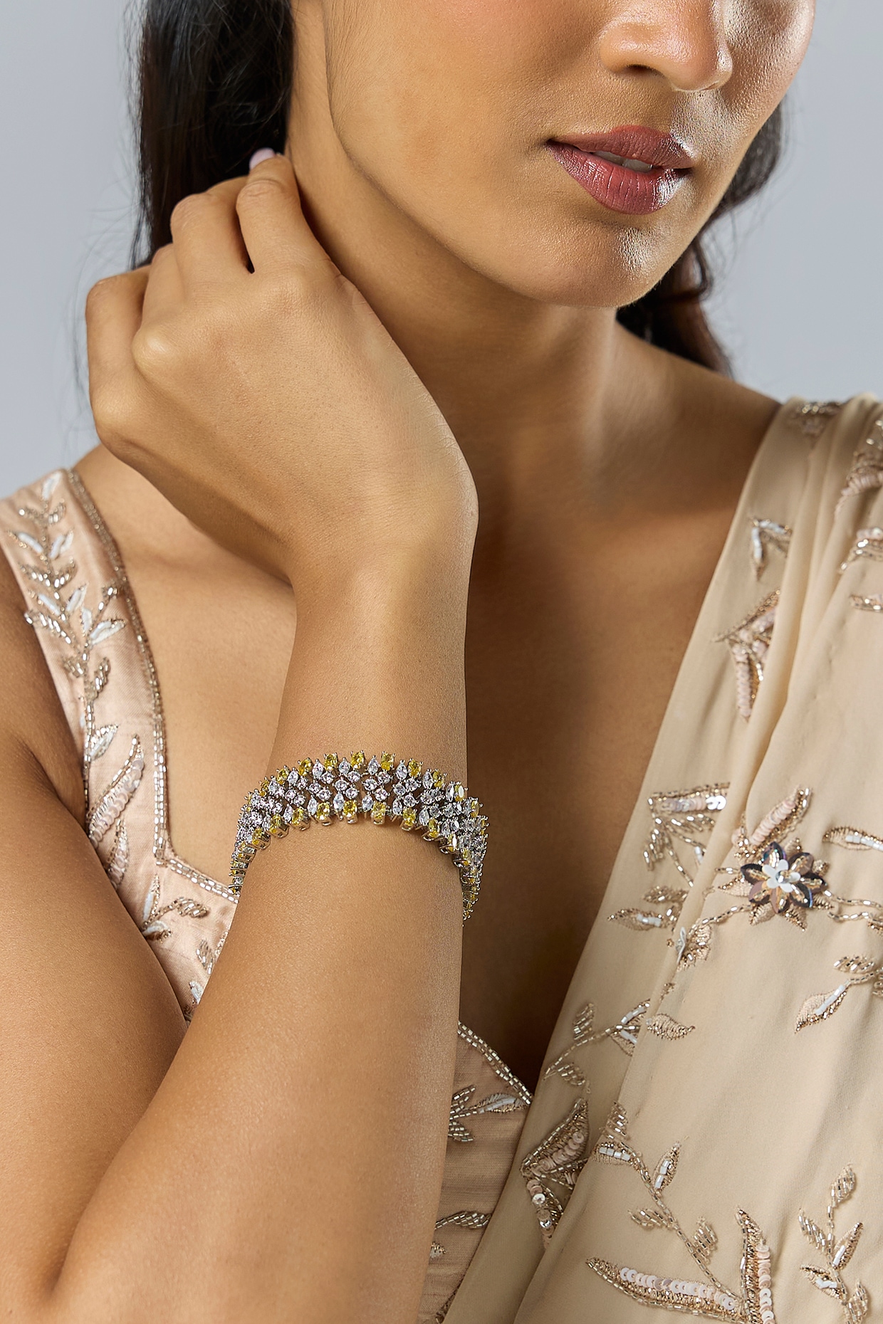 Moh-Maya by Disha Khatri Silver Finish Zircon & Orange Stone Bracelet
