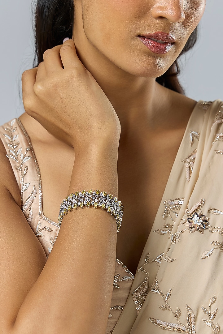 Silver Finish Zircon & Orange Stone Bracelet by Moh-Maya by Disha Khatri at Pernia's Pop Up Shop