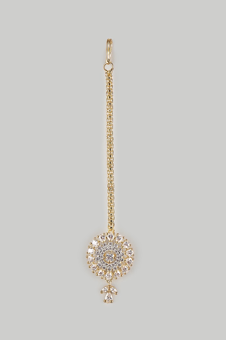 Gold Finish Zircon Maangtikka by Moh-Maya by Disha Khatri at Pernia's Pop Up Shop