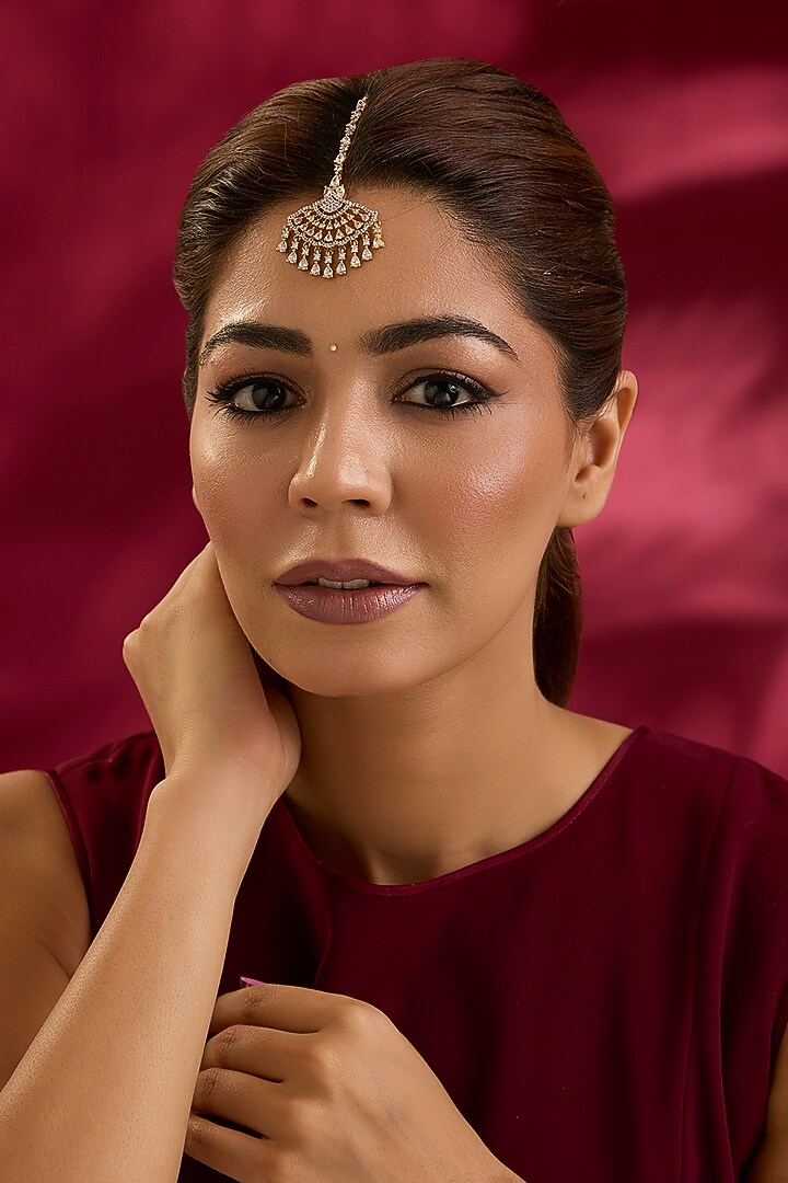 Gold Finish Zircon Maangtikka by Moh-Maya by Disha Khatri at Pernia's Pop Up Shop