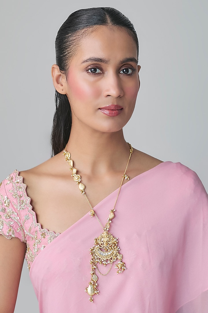 Gold Finish Kundan Polki Long Necklace by Moh-Maya by Disha Khatri at Pernia's Pop Up Shop