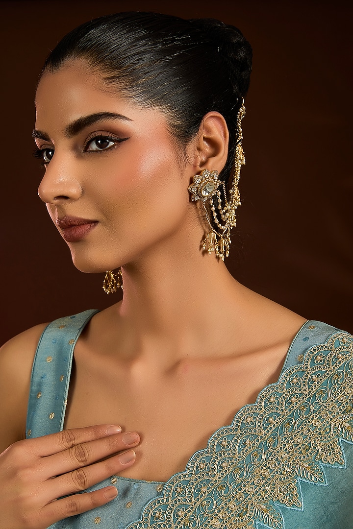 Gold Finish Kundan Polki & Beaded Earchains by Moh-Maya by Disha Khatri at Pernia's Pop Up Shop