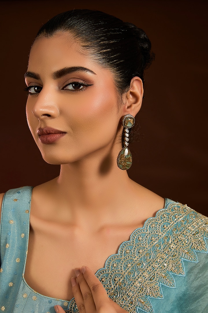 Gold Finish Kundan Polki & Zircon Dangler Earrings by Moh-Maya by Disha Khatri at Pernia's Pop Up Shop