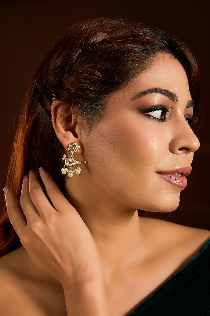 Gold Finish Kundan Polki & Pearl Dangler Earrings by Moh-Maya by Disha Khatri at Pernia's Pop Up Shop