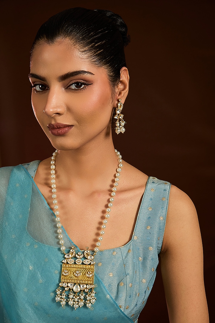 Gold Finish Kundan Polki & Pearl Long Necklace Set by Moh-Maya by Disha Khatri at Pernia's Pop Up Shop