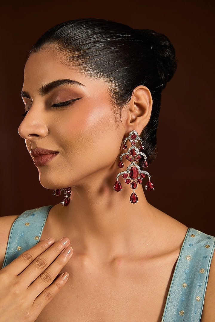 White Finish Zircon & Ruby Stone Dangler Earrings by Moh-Maya by Disha Khatri at Pernia's Pop Up Shop