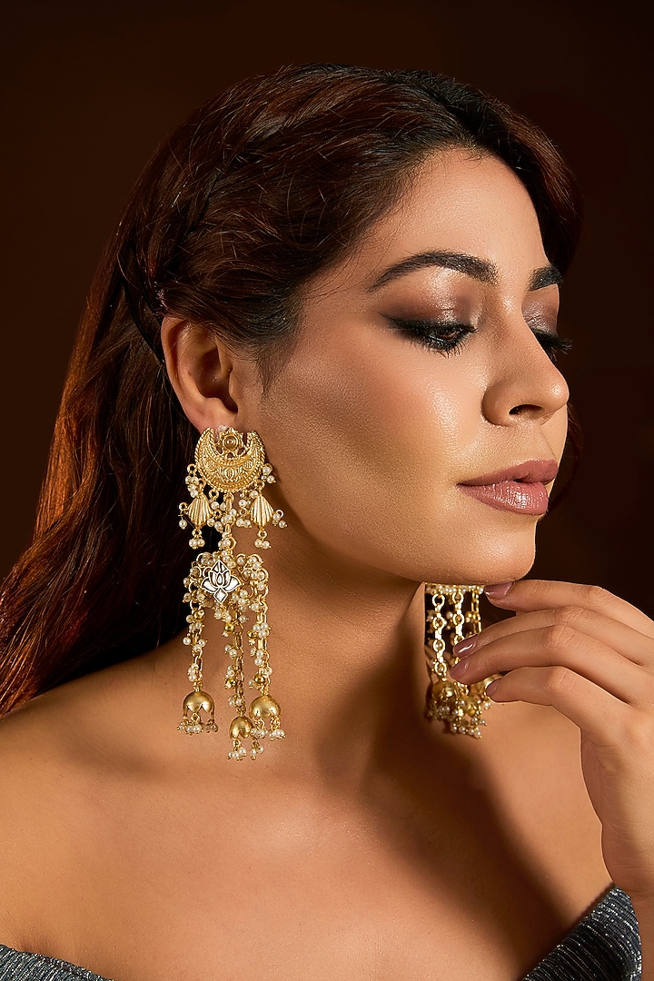 Gold Finish Kundan Polki & Carved Pearl Dangler Earrings by Moh-Maya by Disha Khatri at Pernia's Pop Up Shop