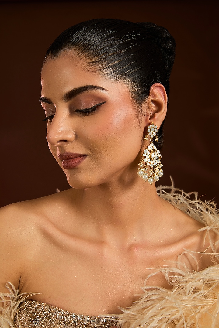 Gold Finish Mother Of Pearl & Pearl Beaded Dangler Earrings by Moh-Maya by Disha Khatri at Pernia's Pop Up Shop