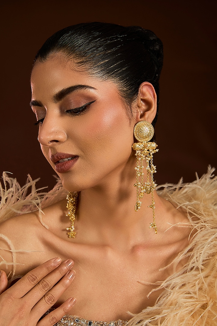 Gold Finish Carved Pearl Beaded Dangler Earrings by Moh-Maya by Disha Khatri at Pernia's Pop Up Shop