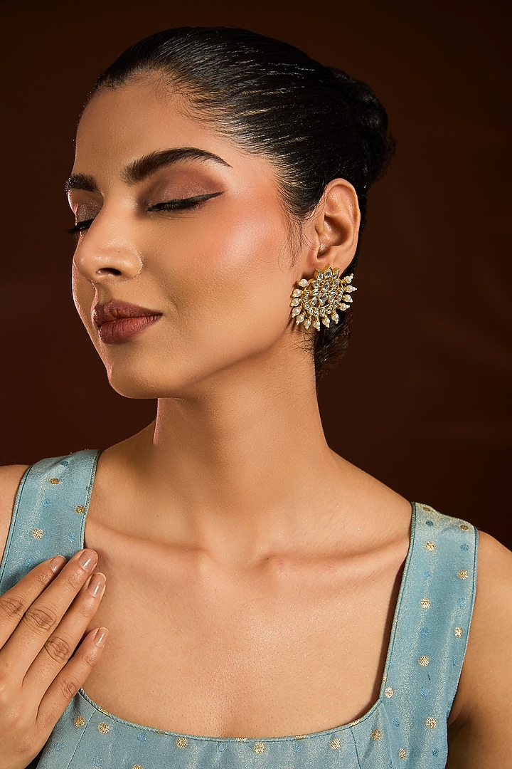 Gold Finish Kundan Polki & Pearl Stud Earrings by Moh-Maya by Disha Khatri at Pernia's Pop Up Shop