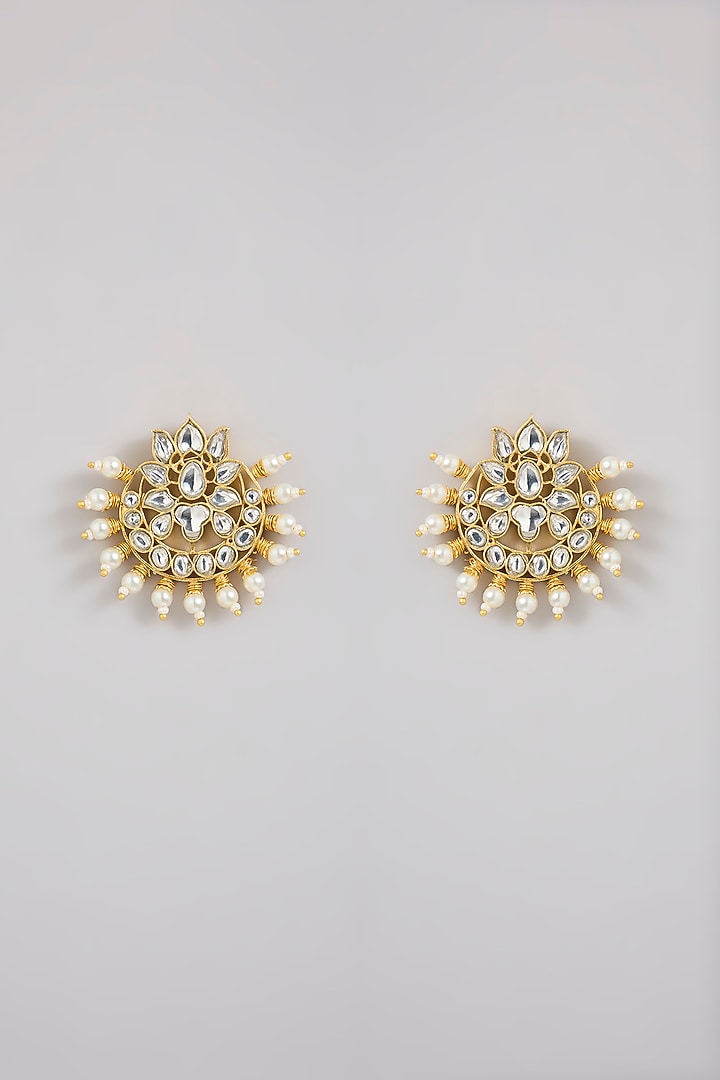 Gold Finish Kundan Polki & Pearl Stud Earrings by Moh-Maya by Disha Khatri at Pernia's Pop Up Shop