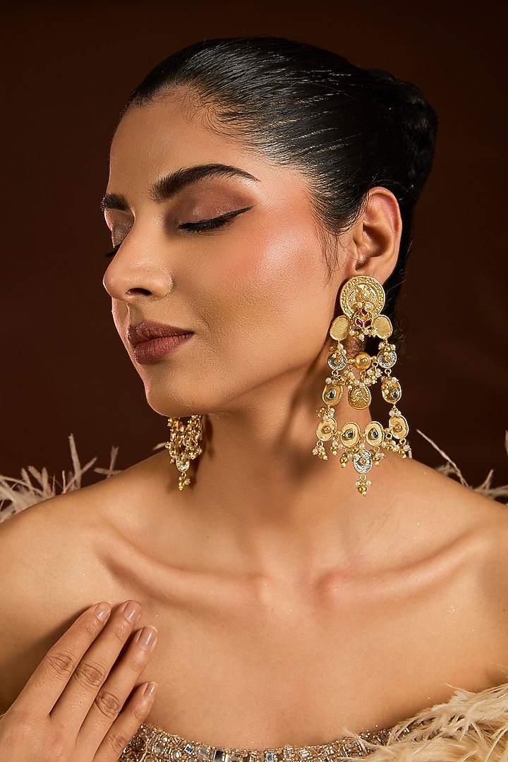 Gold Finish Ruby Stone & Coin Beaded Dangler Earrings by Moh-Maya by Disha Khatri at Pernia's Pop Up Shop