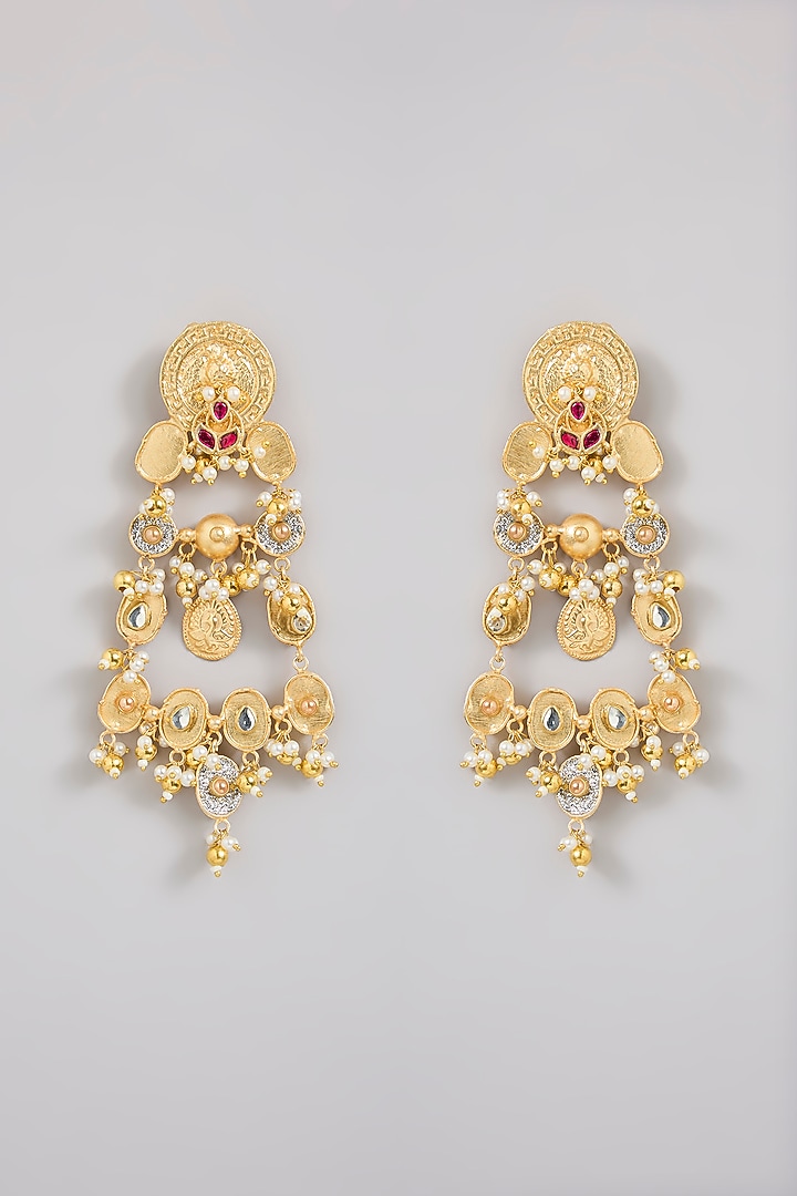 Gold Finish Ruby Stone & Coin Beaded Dangler Earrings by Moh-Maya by Disha Khatri at Pernia's Pop Up Shop