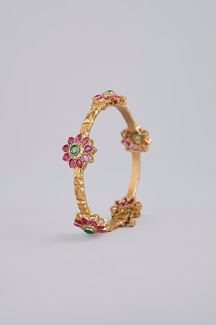Gold Finish Emerald & Ruby Stone Floral Bangles (Set Of 2) by Moh-Maya by Disha Khatri at Pernia's Pop Up Shop