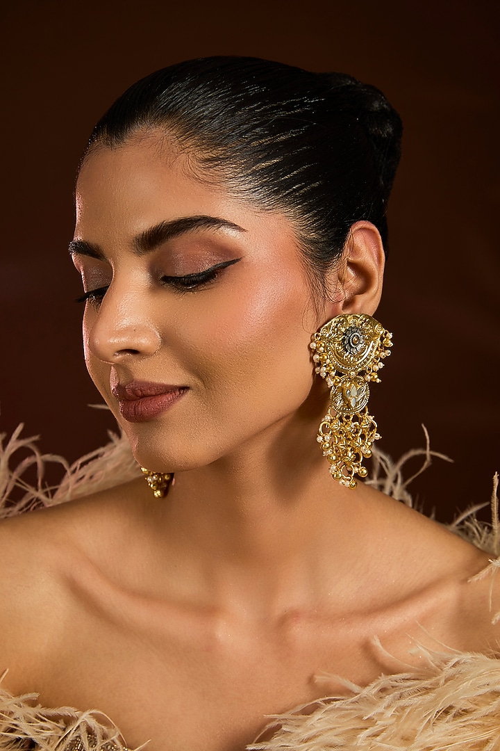 Gold Finish Mother Of Pearl Dangler Earrings by Moh-Maya by Disha Khatri at Pernia's Pop Up Shop