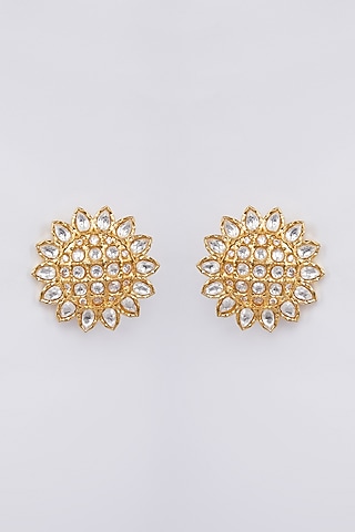 Gold Finish Kundan Stud Earrings by Moh-Maya By Disha Khatri