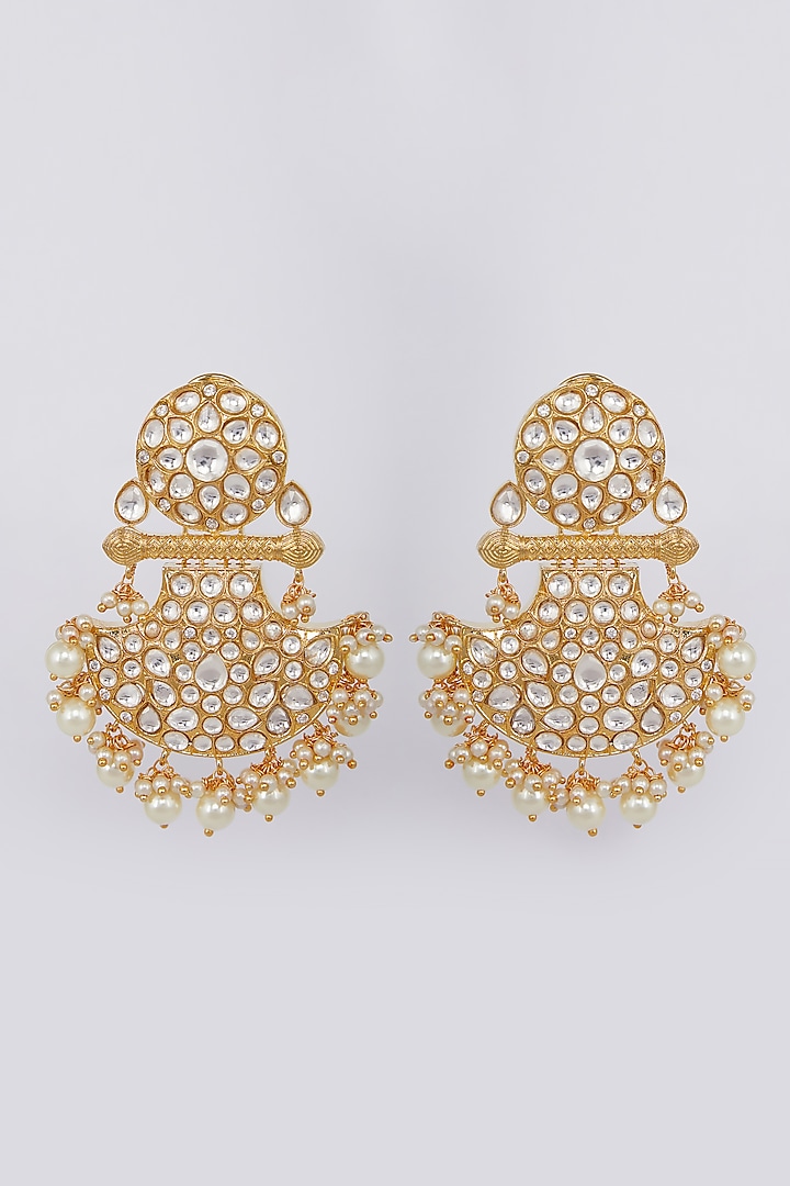 Gold Finish Pearl Earrings by Moh-Maya By Disha Khatri