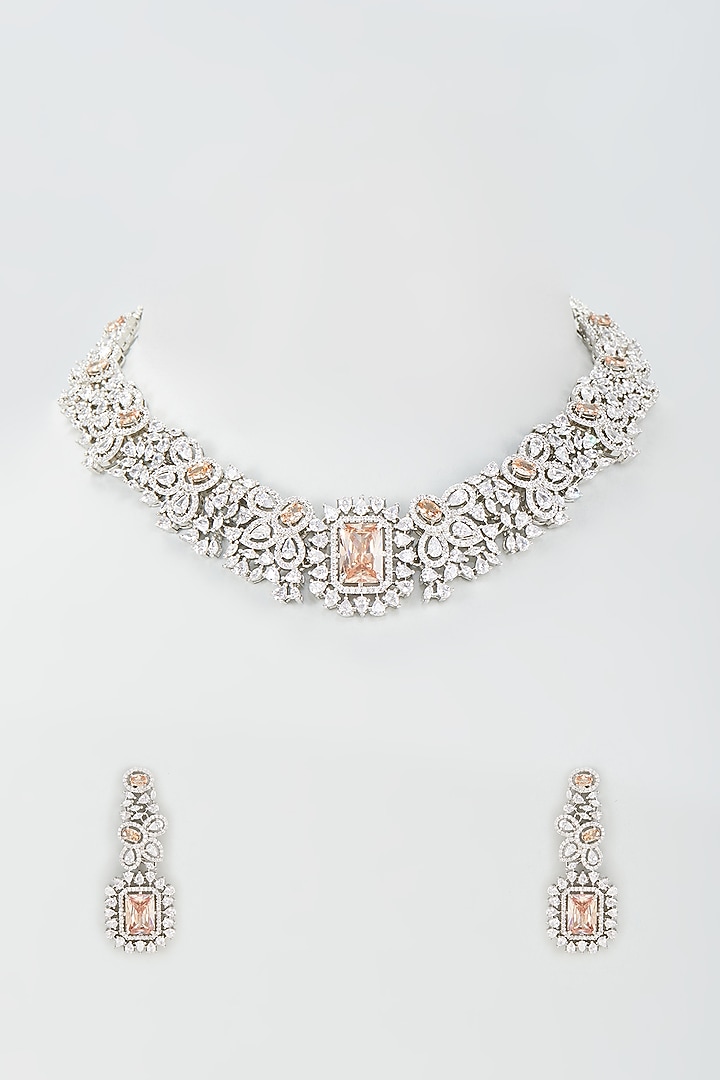 Silver Finish Zircon Choker Necklace Set by Moh-Maya by Disha Khatri at Pernia's Pop Up Shop