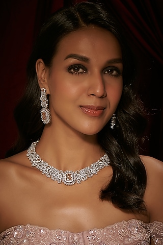 Silver Finish Zircon Choker Necklace Set by Moh-Maya by Disha Khatri