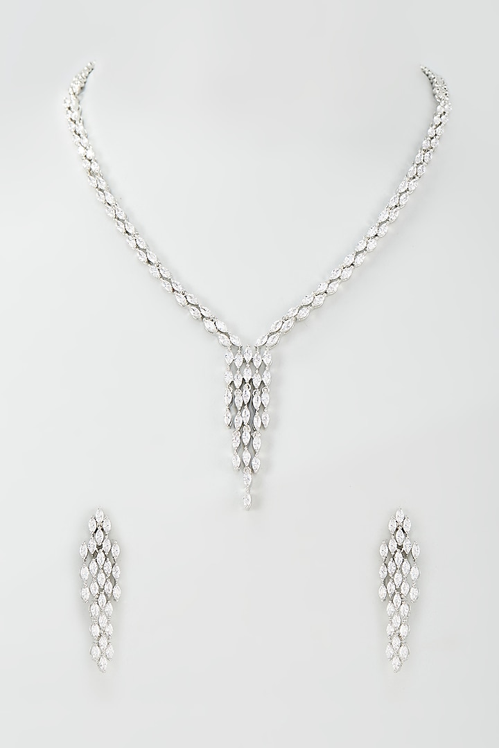 Silver Finish Zircon Long Necklace Set by Moh-Maya by Disha Khatri at Pernia's Pop Up Shop
