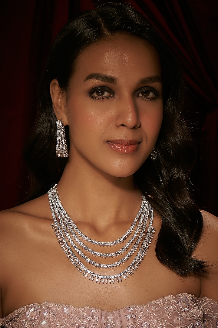 Silver Finish Zircon Long Necklace Set by Moh-Maya by Disha Khatri at Pernia's Pop Up Shop