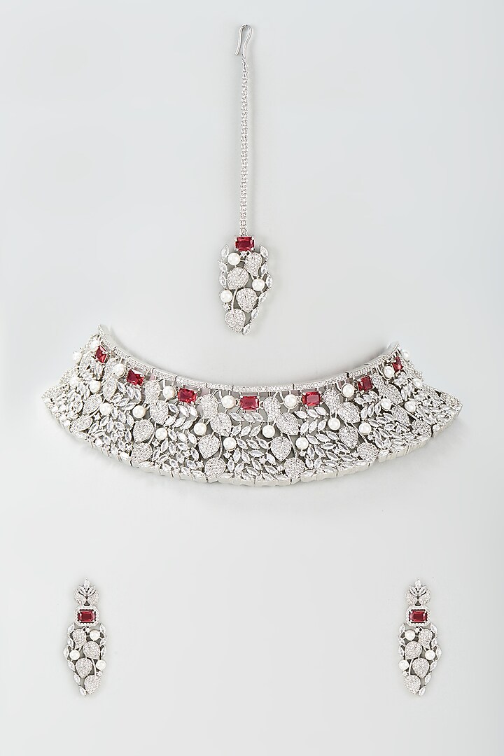 Silver Finish Zircon & Ruby Stone Choker Necklace Set by Moh-Maya by Disha Khatri at Pernia's Pop Up Shop