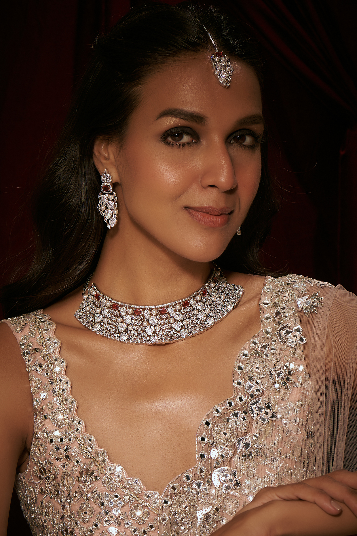Silver Finish Zircon & Ruby Stone Choker Necklace Set by Moh-Maya by Disha Khatri at Pernia's Pop Up Shop