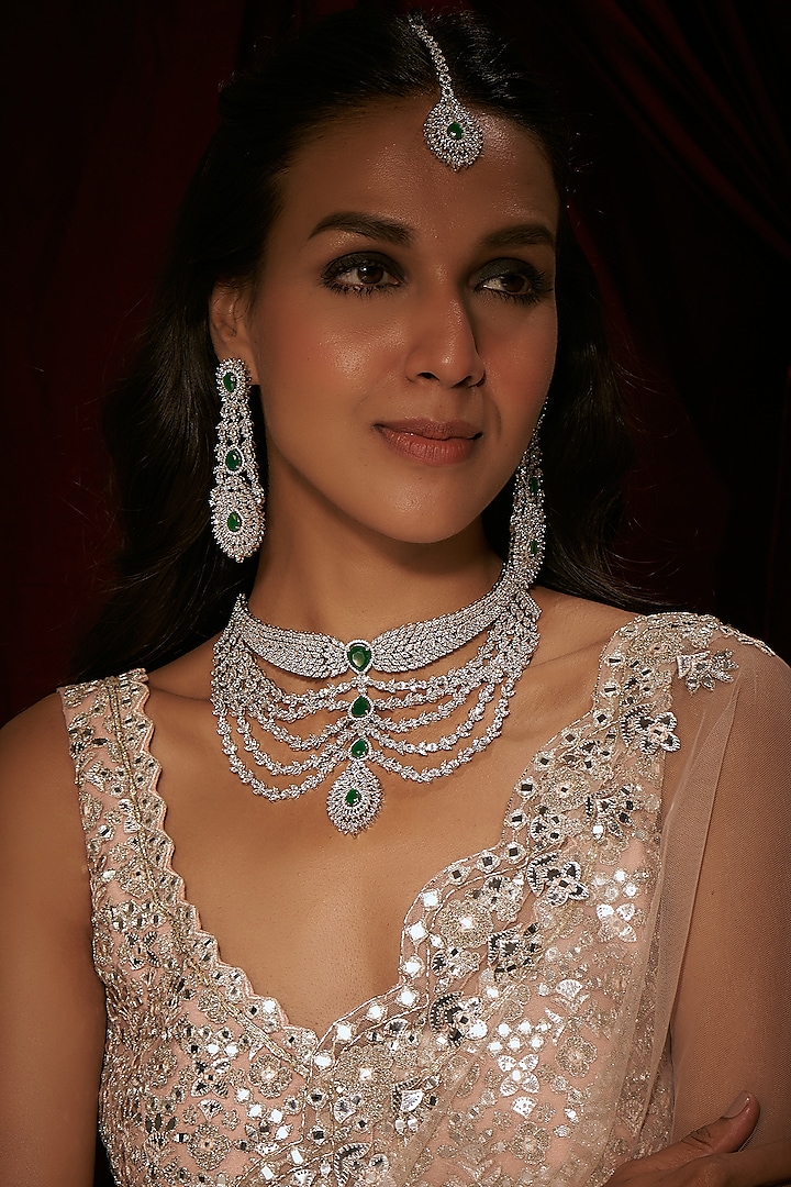 Silver Finish Zircon & Emerald Stone Choker Necklace Set by Moh-Maya by Disha Khatri