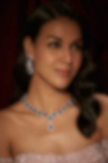 Silver Finish Zircon & Emerald Stone Choker Necklace Set by Moh-Maya by Disha Khatri at Pernia's Pop Up Shop