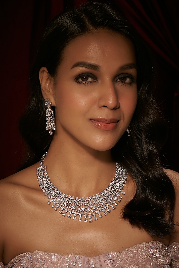 Silver Finish Zircon Choker Necklace Set by Moh-Maya by Disha Khatri