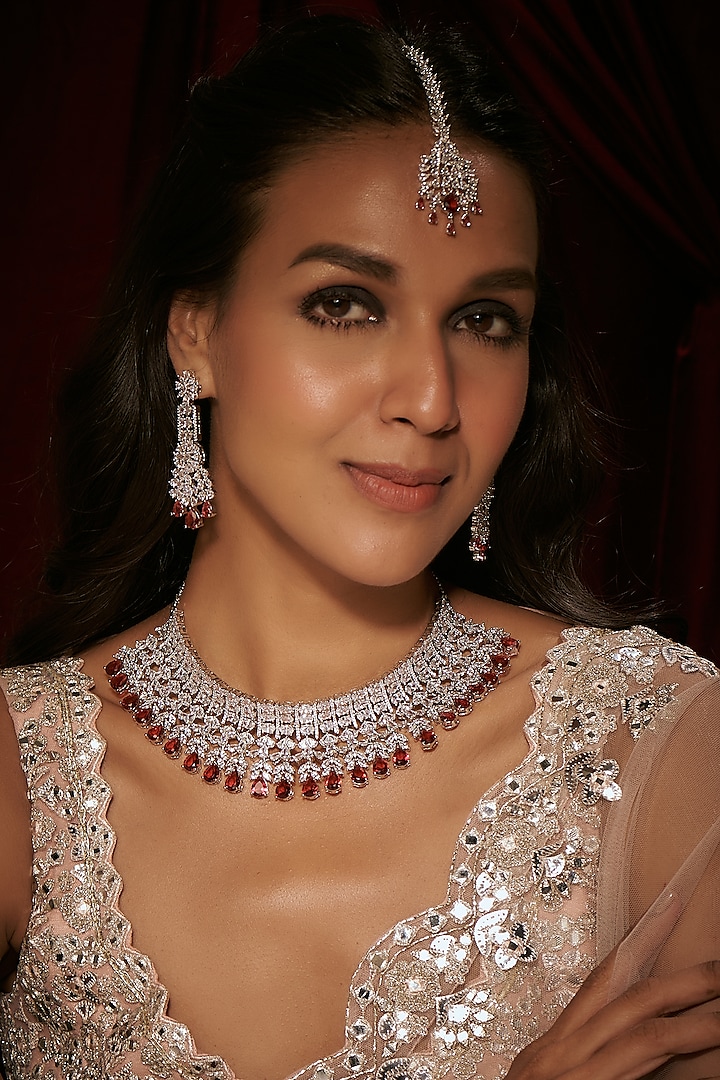 Silver Finish Zircon & Ruby Stone Choker Necklace Set by Moh-Maya by Disha Khatri
