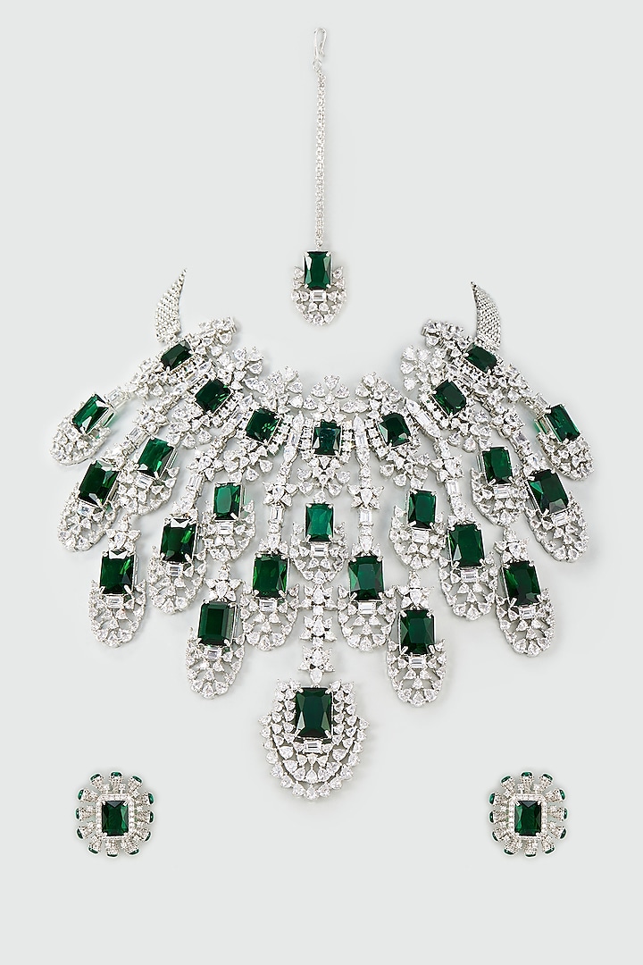Silver Finish Zircon & Emerald Choker Necklace Set by Moh-Maya by Disha Khatri at Pernia's Pop Up Shop