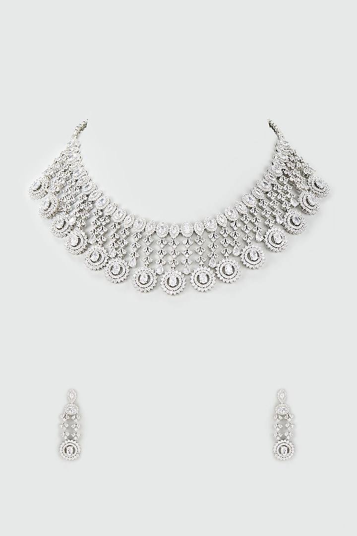 Silver Finish Zircon Choker Necklace Set by Moh-Maya by Disha Khatri at Pernia's Pop Up Shop
