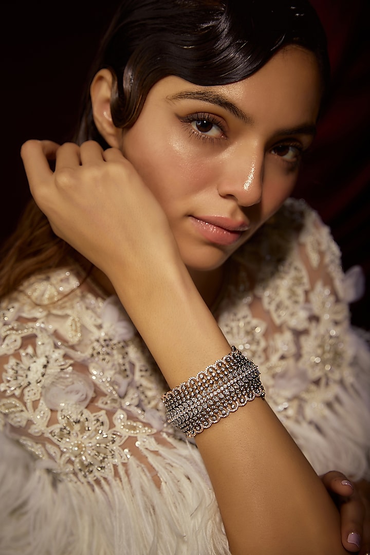 Two Tone Finish White Zircon Bracelet by Moh-Maya by Disha Khatri