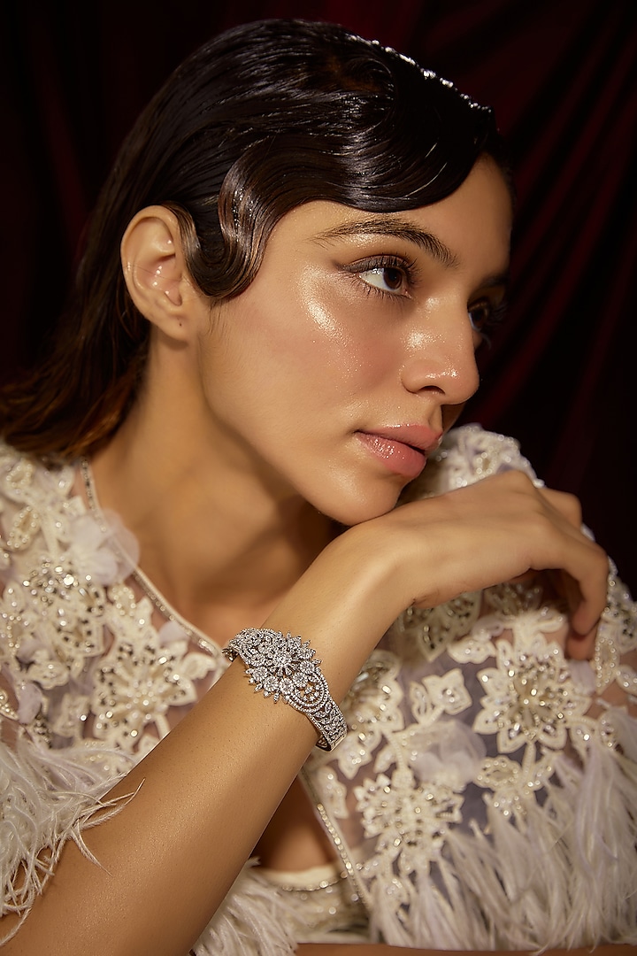 Silver Finish Zircon Bracelet by Moh-Maya by Disha Khatri