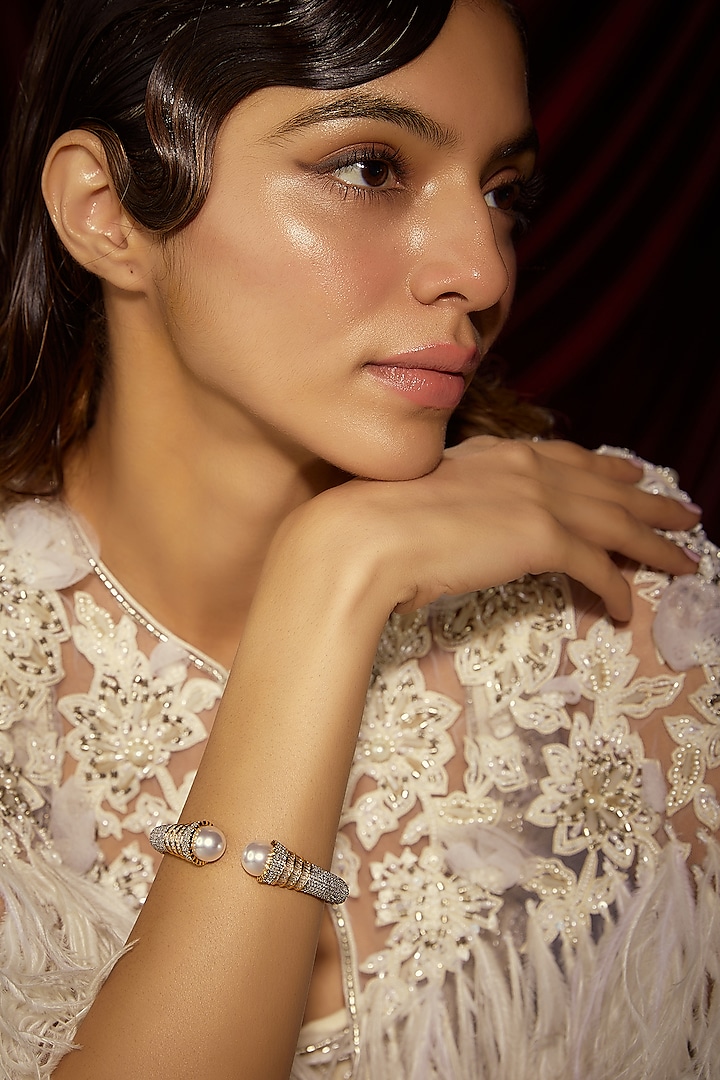 Gold Finish White Zircon & Pearl Bracelet by Moh-Maya by Disha Khatri