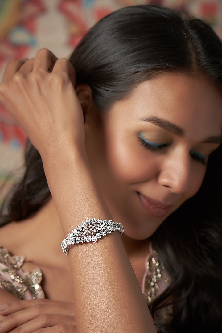 Silver Finish Zircon Oval Bracelet by Moh-Maya by Disha Khatri