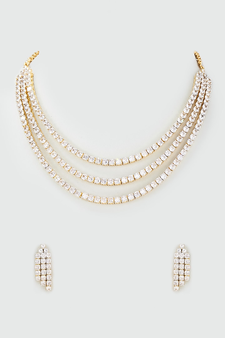 Gold Finish White Zircon Layered Necklace Set by Moh-Maya by Disha Khatri at Pernia's Pop Up Shop