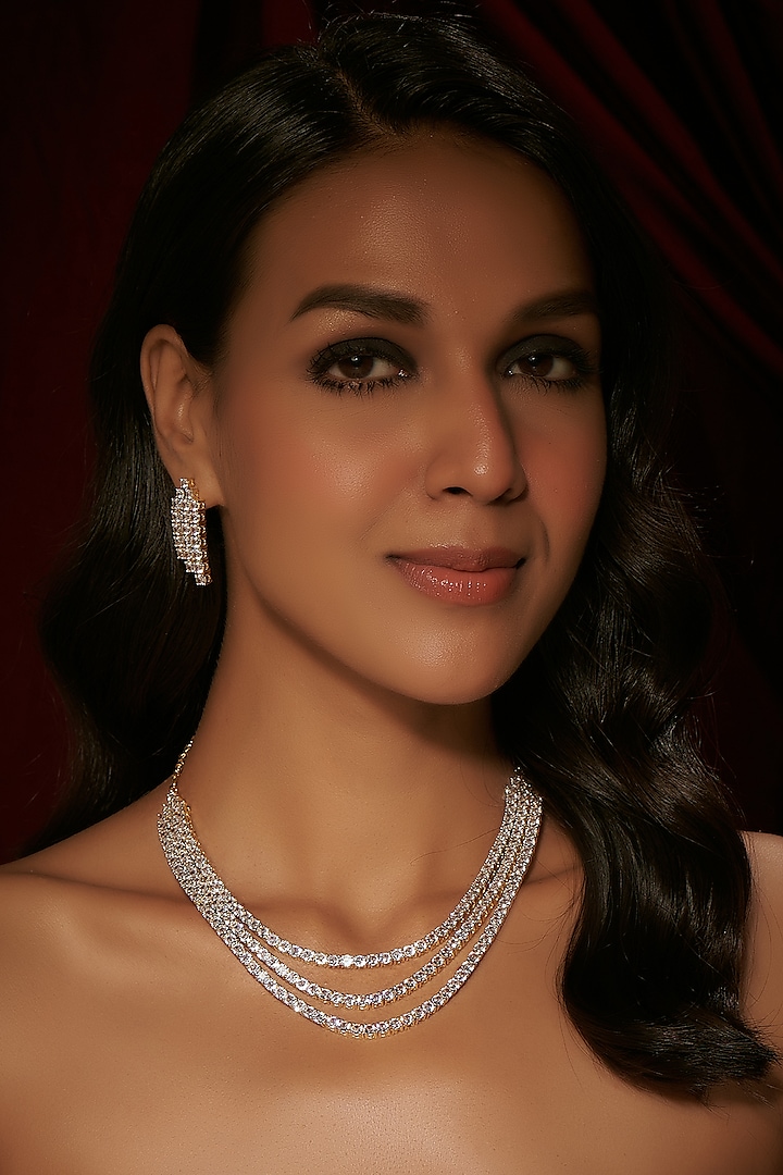 Gold Finish White Zircon Layered Necklace Set by Moh-Maya by Disha Khatri at Pernia's Pop Up Shop