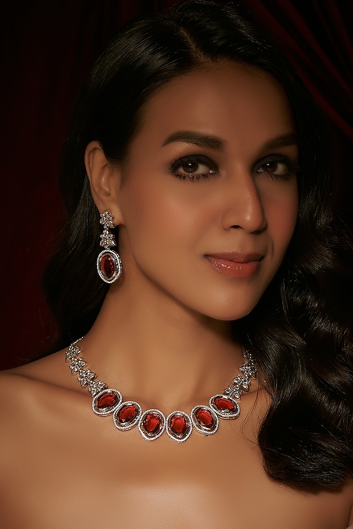 White Finish Ruby & Zircon Necklace Set by Moh-Maya by Disha Khatri